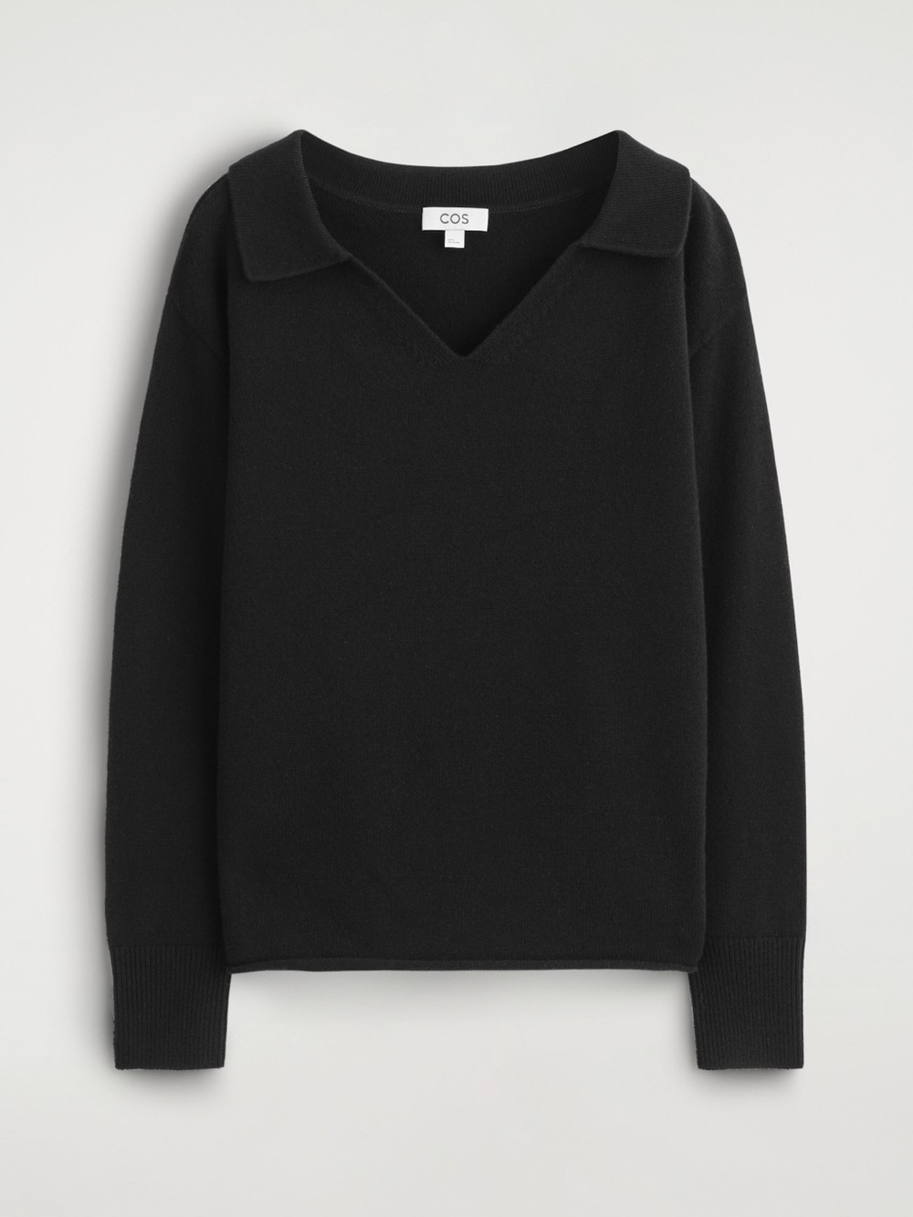 COS 100% Merino Wool Open Polo Collar Sweater Black Oversized Small Quiet Luxury